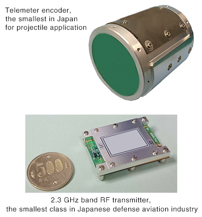 [Product image]: (Top) Telemeter encoder, the smallest in Japan for projectile application. (Bottom) 2.3 GHz band RF transmitter, the smallest class in Japanese defense aviation industry.
